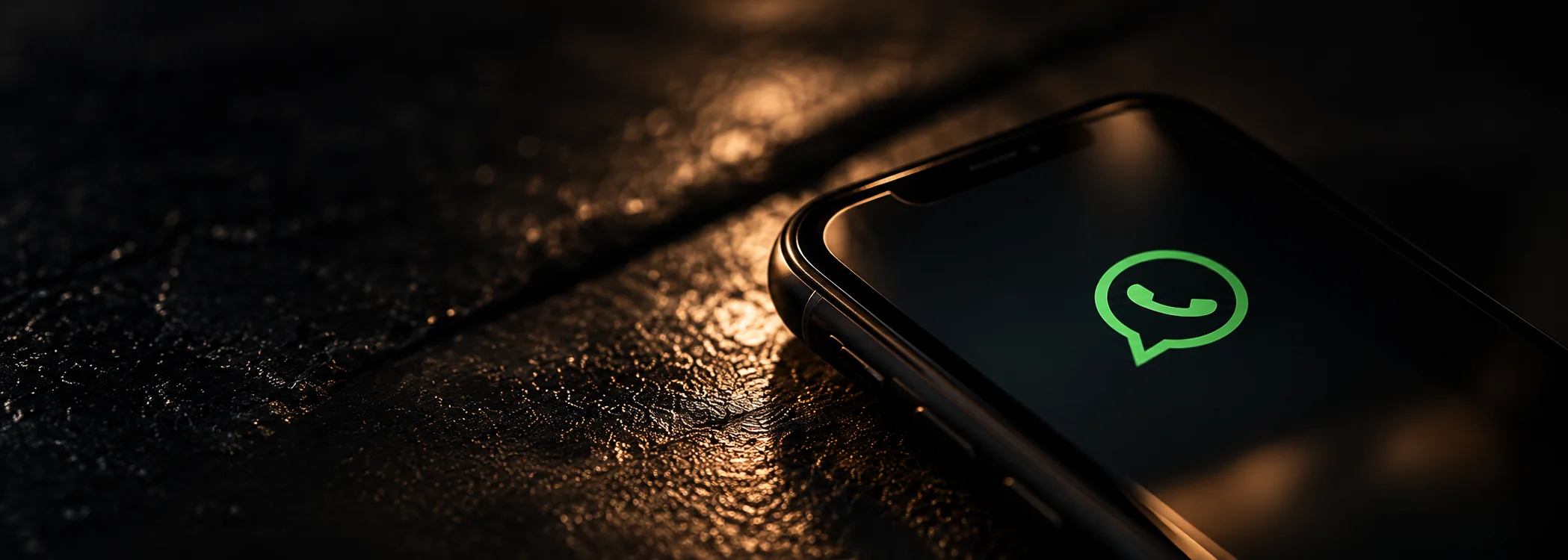 Smartphone com WhatsApp sobre uma superfície escura com iluminação em tons de bronze.
