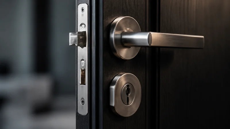 Maçaneta e fechadura metálicas de uma porta residencial.